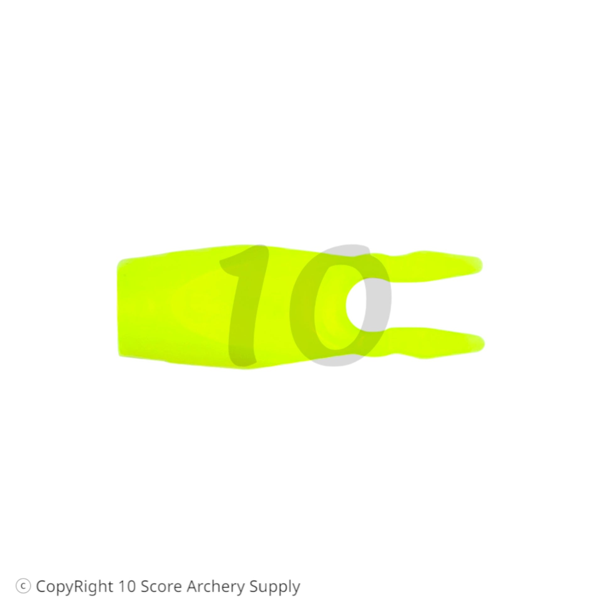 10 Score Archery Supply Beiter Asymmetric #1 Pin Nock in neon yellow, designed for recurve bows.