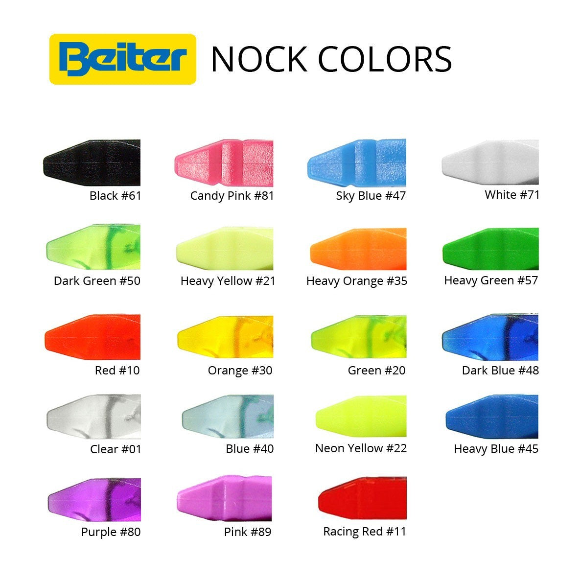 10 Score Archery Supply Beiter 4.92/1 Out Nocks in various colors: black, candy pink, sky blue, white, dark green, heavy yellow, heavy orange, heavy green, red, orange, green, dark blue, clear, blue, neon yellow, heavy blue, purple, pink, and racing red.